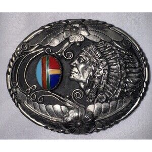 Vtg Silvertone SSI Buckle Multi Color Cabochon Mosaic Indian Chief Head Unisex